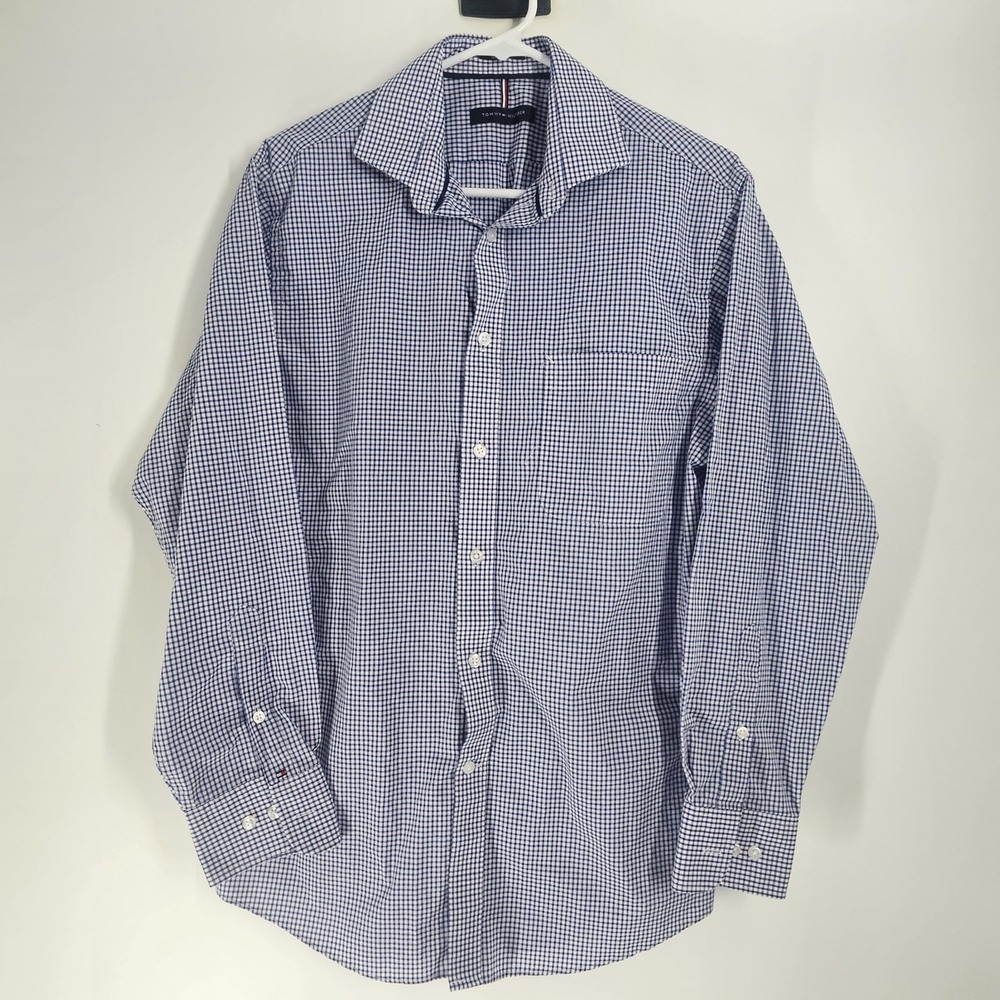 Tommy Hilfiger Men's Medium  Blue‎ White With Red Button Up Long Sleeve Shirt